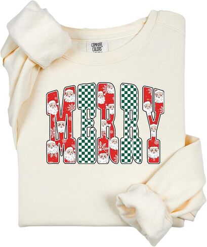 Checkered Merry Comfort Colors Sweatshirt, Trendy Women's Christmas Crewneck, Retro Merry Sweatshirt, Cute Holiday Party, Xmas Merry T-Shirt in Saudi Arabia