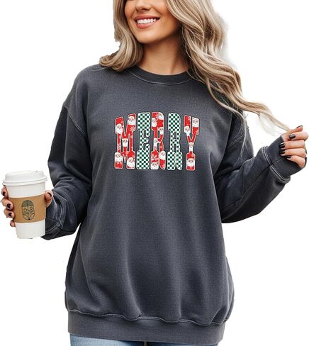Checkered Merry Comfort Colors Sweatshirt, Trendy Women's Christmas Crewneck, Retro Merry Sweatshirt, Cute Holiday Party, Xmas Merry T-Shirt in Saudi Arabia