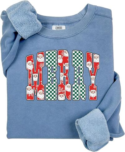 Checkered Merry Comfort Colors Sweatshirt, Trendy Women's Christmas Crewneck, Retro Merry Sweatshirt, Cute Holiday Party, Xmas Merry T-Shirt in Saudi Arabia