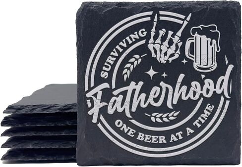 4-Piece Surviving Fatherhood One Beer At A Time Personalized Custom Engraving Coasters for Drinks Engraved Slate, Handmade Coasters in Saudi Arabia