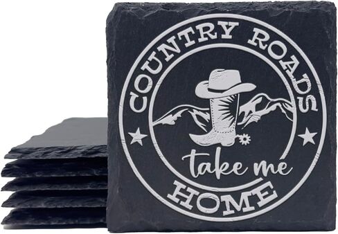 8-Piece Country Roads Take Me Home, Cowboy Boot, Southern, Mountain, Western Personalized Custom Engraving Coasters for Drinks Engraved Slate, Handmade Coasters in Saudi Arabia
