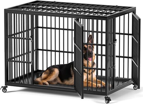 VERIFURTY 48 Inch Heavy Duty Dog Crate for Large Dogs with Self-Locking Latch, Escape-Proof Steel Kennel Indoor, XL Large Double Door Metal Pet Cage with Wheels in Saudi Arabia