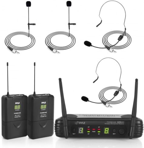 Pyle 2 Channel Wireless Microphone System - Portable UHF Digital Audio Mic Set with 2 Headset, 2 Lavalier lapel, 2 Transmitter, ¼’’ cable, power adapter - For Karaoke, PA, DJ, - PDWM3400,Black in Kuwait