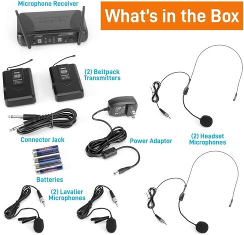 Pyle 2 Channel Wireless Microphone System - Portable UHF Digital Audio Mic Set with 2 Headset, 2 Lavalier lapel, 2 Transmitter, ¼’’ cable, power adapter - For Karaoke, PA, DJ, - PDWM3400,Black in Kuwait