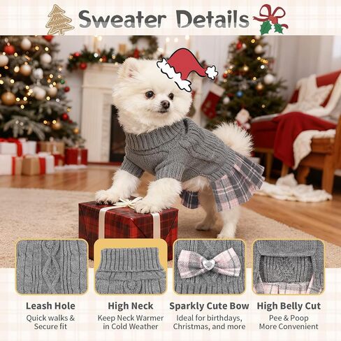 Small Dog Sweater Dress with Bowtie Warm Turtleneck Girl Dog Clothes in Winter Knitted Pet Pullover for Puppy Doggie Chihuahua Yorkie Cat Sweater for Birthday (Red, M) in Kuwait
