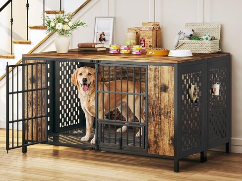Dog Kennel Large Dogs Furniture with Hook, Heavy Duty Dog Crate Indoor for Extra Large Dogs, Escape-Proof and Chew-Proof Dog Cage for high Anxiety Dog, Rustic Brown Cage as TV Stand in Saudi Arabia