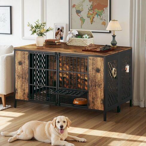 Dog Kennel Large Dogs Furniture with Hook, Heavy Duty Dog Crate Indoor for Extra Large Dogs, Escape-Proof and Chew-Proof Dog Cage for high Anxiety Dog, Rustic Brown Cage as TV Stand in Saudi Arabia