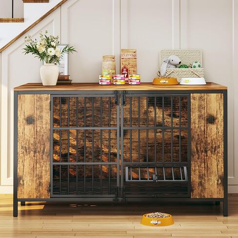 Dog Kennel Large Dogs Furniture with Hook, Heavy Duty Dog Crate Indoor for Extra Large Dogs, Escape-Proof and Chew-Proof Dog Cage for high Anxiety Dog, Rustic Brown Cage as TV Stand in Saudi Arabia