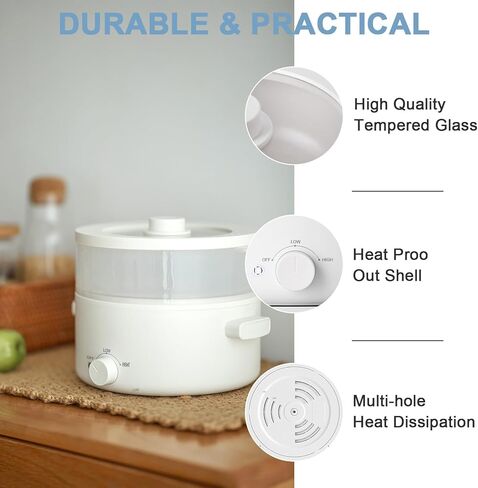 وعاء ساخن كهربائي، مقلاة سيراميك غير لاصقة سعة 2 لتر، وعاء ساخن محمول مع تعديل مزدوج للطاقة، طباخ كهربائي للبيض والرامين ودقيق الشوفان والحساء تسخين سريع وحماية من الحرارة الزائدة in Kuwait