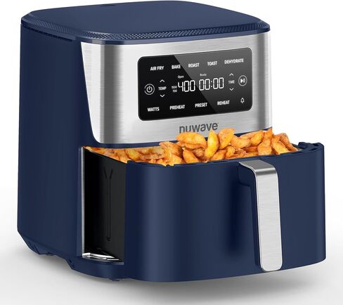 مقلاة هوائية Nuwave Brio Plus 6 في 1، سعة كبيرة 7 كيو تي، 50 درجة فهرنهايت - 400 درجة فهرنهايت تحكم دقيق في درجة الحرارة، غير سامة، خالية من PFAS، غير لاصقة، قلي بالهواء، خبز، تحميص، خبز محمص، تجفيف، إعادة تسخين، 100 إعداد مسبق، آمنة للاستخدام في غسالة ال in Kuwait