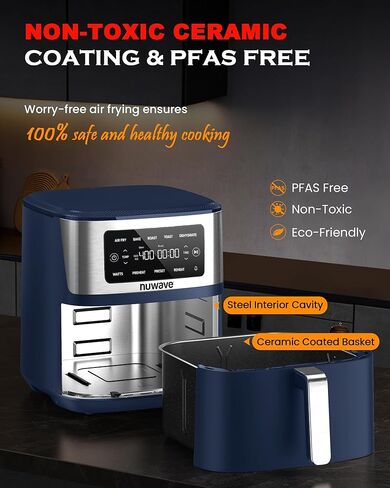 مقلاة هوائية Nuwave Brio Plus 6 في 1، سعة كبيرة 7 كيو تي، 50 درجة فهرنهايت - 400 درجة فهرنهايت تحكم دقيق في درجة الحرارة، غير سامة، خالية من PFAS، غير لاصقة، قلي بالهواء، خبز، تحميص، خبز محمص، تجفيف، إعادة تسخين، 100 إعداد مسبق، آمنة للاستخدام في غسالة ال in Kuwait