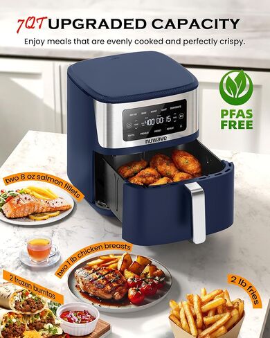 مقلاة هوائية Nuwave Brio Plus 6 في 1، سعة كبيرة 7 كيو تي، 50 درجة فهرنهايت - 400 درجة فهرنهايت تحكم دقيق في درجة الحرارة، غير سامة، خالية من PFAS، غير لاصقة، قلي بالهواء، خبز، تحميص، خبز محمص، تجفيف، إعادة تسخين، 100 إعداد مسبق، آمنة للاستخدام في غسالة ال in Kuwait