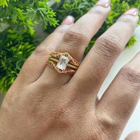 Red Ruby V Shaped Enhancer Guard For Women, 14k Gold Finish Ruby Anniversary Wrap Ring, Anniversary Band in Saudi Arabia