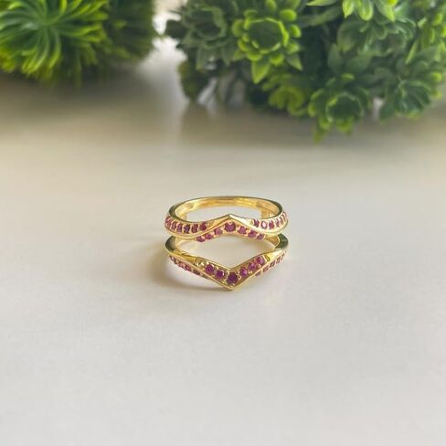 Red Ruby V Shaped Enhancer Guard For Women, 14k Gold Finish Ruby Anniversary Wrap Ring, Anniversary Band in Saudi Arabia