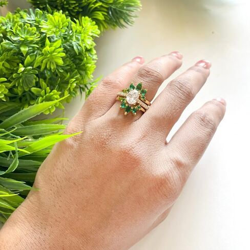 Pear & Round Cut Green Emerald Crown Style Enhancer Guard For Women, 14K Gold Plated 925 Silver May Birthstone Green Emerald Crown Enhancer Wrap Guard Matching Band in Saudi Arabia