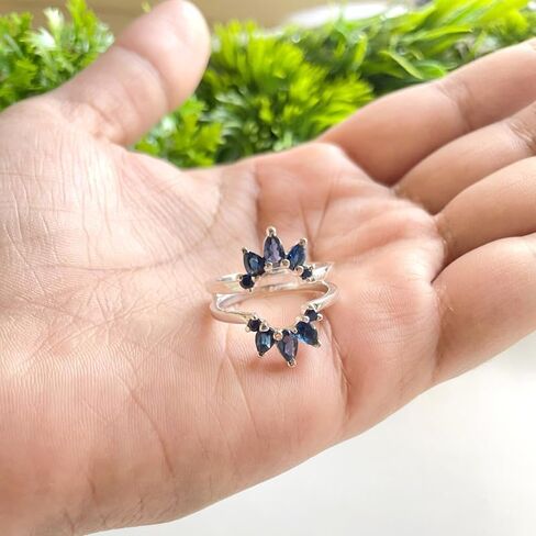 Pear & Round Cut Blue Sapphire Crown Style Enhancer Guard For Women, 14K Gold Plated 925 Silver September Birthstone Blue Sapphire Crown Enhancer Wrap Guard Matching Band in Saudi Arabia