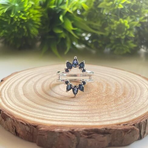 Pear & Round Cut Blue Sapphire Crown Style Enhancer Guard For Women, 14K Gold Plated 925 Silver September Birthstone Blue Sapphire Crown Enhancer Wrap Guard Matching Band in Saudi Arabia