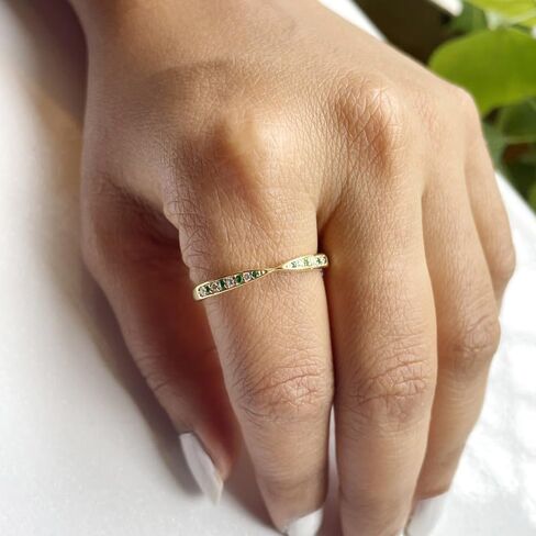Alternate Green Emerald & White Diamond Contour Matching Wedding Band For Women, 14k Gold Finish Green Emerald Stackable Crossover Band, Anniversary Ring in Saudi Arabia