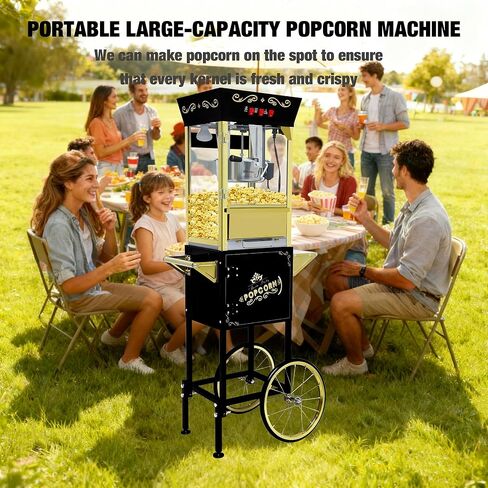 Movie Theater Popcorn Maker Machine, Professional with 8oz Kettle & Cart Makes 32 Cups, Vintage Style on Wheels for Home & Commercial Use, Includes shovel & spoon, Black in Saudi Arabia