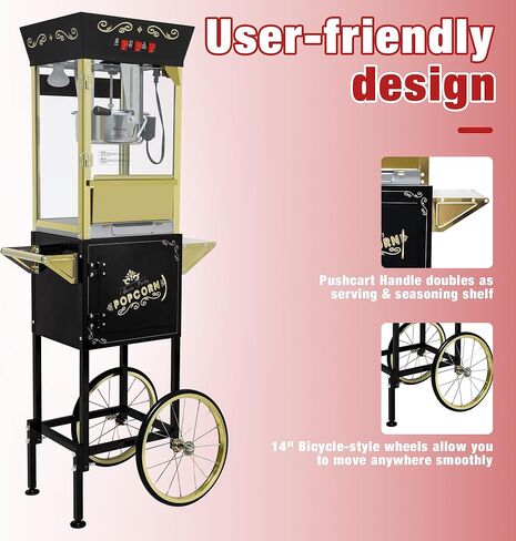 Movie Theater Popcorn Maker Machine, Professional with 8oz Kettle & Cart Makes 32 Cups, Vintage Style on Wheels for Home & Commercial Use, Includes shovel & spoon, Black in Saudi Arabia