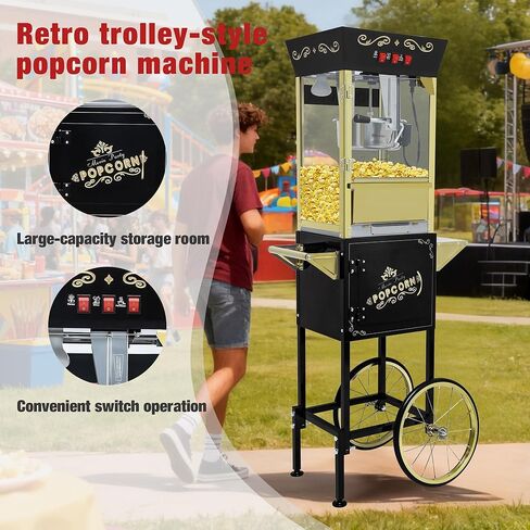 Movie Theater Popcorn Maker Machine, Professional with 8oz Kettle & Cart Makes 32 Cups, Vintage Style on Wheels for Home & Commercial Use, Includes shovel & spoon, Black in Saudi Arabia