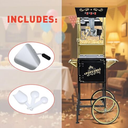 Movie Theater Popcorn Maker Machine, Professional with 8oz Kettle & Cart Makes 32 Cups, Vintage Style on Wheels for Home & Commercial Use, Includes shovel & spoon, Black in Saudi Arabia
