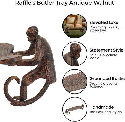 صينية ديكور RAFFLES Butler - طبق أوراق ألومنيوم عتيق مع منحوتات قرد - مدخل مصنوع يدويًا، صينية طاولة القهوة، غرفة المعيشة، ديكور المنزل - أسود غير لامع كبير 20 بوصة in Kuwait