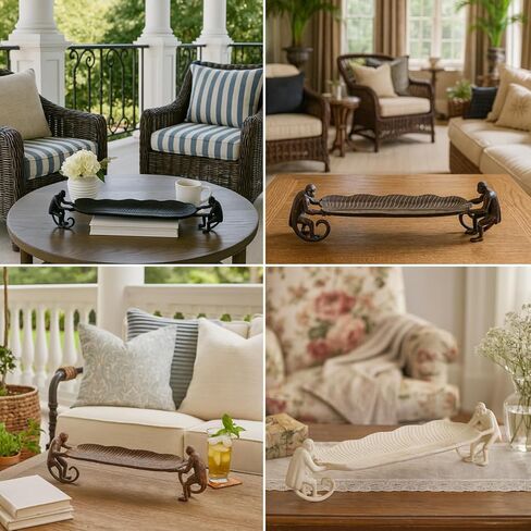 صينية ديكور RAFFLES Butler - طبق أوراق ألومنيوم عتيق مع منحوتات قرد - مدخل مصنوع يدويًا، صينية طاولة القهوة، غرفة المعيشة، ديكور المنزل - أسود غير لامع كبير 20 بوصة in Kuwait