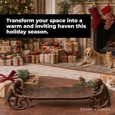 صينية ديكور RAFFLES Butler - طبق أوراق ألومنيوم عتيق مع منحوتات قرد - مدخل مصنوع يدويًا، صينية طاولة القهوة، غرفة المعيشة، ديكور المنزل - أسود غير لامع كبير 20 بوصة in Kuwait