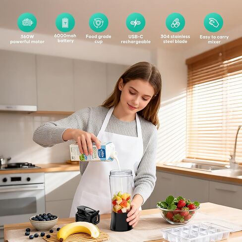 خلاط عصير محمول، زجاجة خلاط كهربائي لاسلكي، 24oz. وعاء، عصارة محمولة قابلة لإعادة الشحن USB-C، زجاجات شيكر بروتين كهربائية مع غطاء مانع للتسرب، مثالية للمخفوقات والمشروبات المجمدة in Kuwait