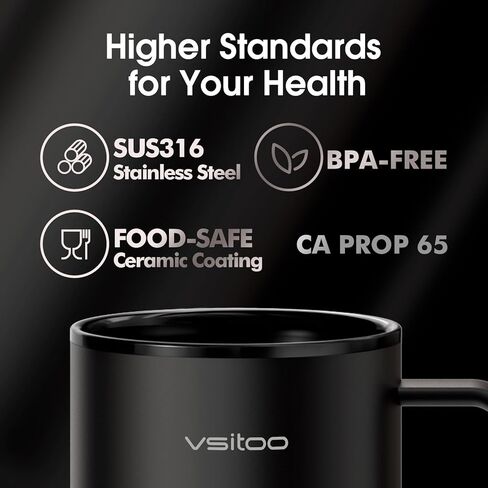 كوب قهوة Vsitoo S3 Plus بسعة 14 أونصة - كوب ذكي للتحكم في درجة الحرارة مع جهاز تسخين الأكواب، استشعار تلقائي للذكاء الاصطناعي يسخن المشروبات إلى 120-150 درجة فهرنهايت بدون استخدام اليدين. مثالي للمنزل/المكتب/الهدايا، أسود in Kuwait