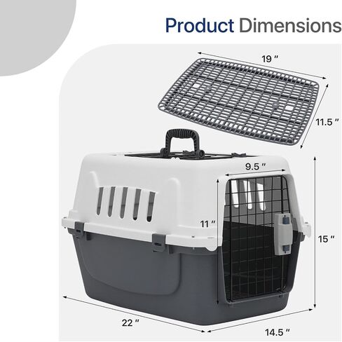 22 Inch Hard-Sided Plastic Dog Carrier 2 Door Travel Crate for Small Dogs Cats up to 22 lbs, Durable Handle, Security Lock Design, Gray in Saudi Arabia