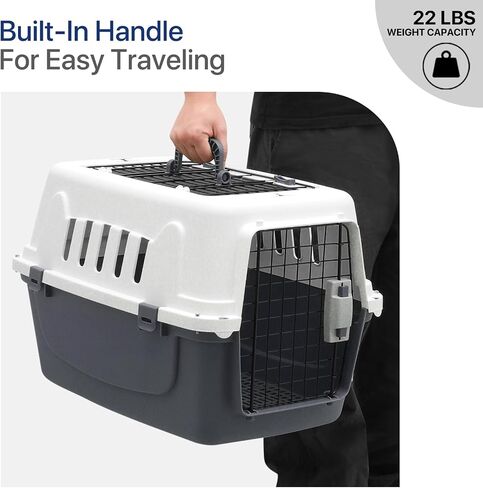 22 Inch Hard-Sided Plastic Dog Carrier 2 Door Travel Crate for Small Dogs Cats up to 22 lbs, Durable Handle, Security Lock Design, Gray in Saudi Arabia