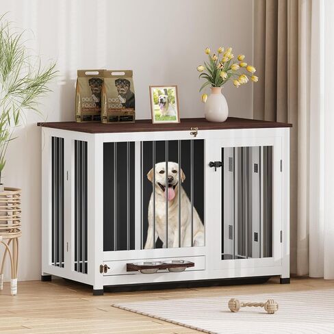 39.4" Dog Crate Furniture - Sturdy Dog Kennel with 360° Rotating Feeder & Removable Tray, Wooden End Table for Living Room, Dog Cage for Small & Medium, White in Saudi Arabia