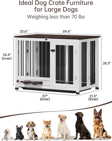 39.4" Dog Crate Furniture - Sturdy Dog Kennel with 360° Rotating Feeder & Removable Tray, Wooden End Table for Living Room, Dog Cage for Small & Medium, White in Saudi Arabia
