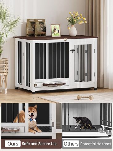 39.4" Dog Crate Furniture - Sturdy Dog Kennel with 360° Rotating Feeder & Removable Tray, Wooden End Table for Living Room, Dog Cage for Small & Medium, White in Saudi Arabia
