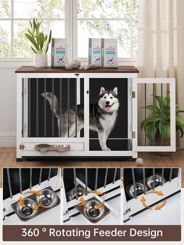 39.4" Dog Crate Furniture - Sturdy Dog Kennel with 360° Rotating Feeder & Removable Tray, Wooden End Table for Living Room, Dog Cage for Small & Medium, White in Saudi Arabia
