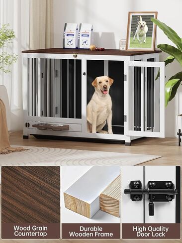 39.4" Dog Crate Furniture - Sturdy Dog Kennel with 360° Rotating Feeder & Removable Tray, Wooden End Table for Living Room, Dog Cage for Small & Medium, White in Saudi Arabia