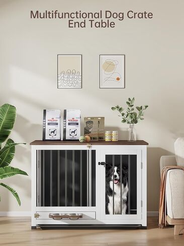 39.4" Dog Crate Furniture - Sturdy Dog Kennel with 360° Rotating Feeder & Removable Tray, Wooden End Table for Living Room, Dog Cage for Small & Medium, White in Saudi Arabia