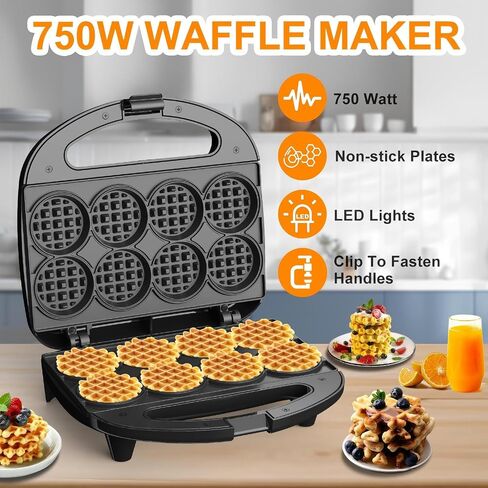 Mini Waffle Maker, Small Waffle Iron with Quick Heat-Up, Makes 8 x 2" Tiny Waffle Bites for Kids, Locking Buckle & Cool Touch Handle, Nonstick Plates, Perfect for Breakfast, Brunch, Desserts & Snacks in Kuwait