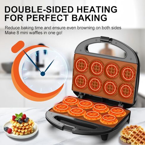 Mini Waffle Maker, Small Waffle Iron with Quick Heat-Up, Makes 8 x 2" Tiny Waffle Bites for Kids, Locking Buckle & Cool Touch Handle, Nonstick Plates, Perfect for Breakfast, Brunch, Desserts & Snacks in Kuwait