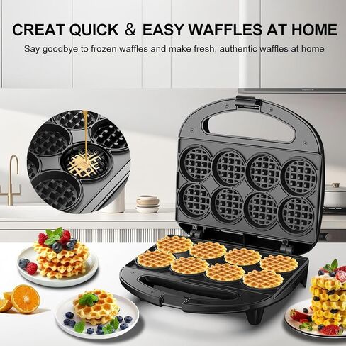 Mini Waffle Maker, Small Waffle Iron with Quick Heat-Up, Makes 8 x 2" Tiny Waffle Bites for Kids, Locking Buckle & Cool Touch Handle, Nonstick Plates, Perfect for Breakfast, Brunch, Desserts & Snacks in Kuwait