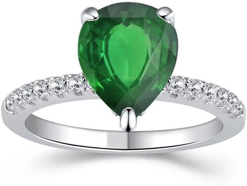 Pear Cut Green Emerald & Diamond Engagement Ring, 14k Gold Finish Pear Shape Emerald Solitaire With Accent Bridal Ring, Emerald & Diamond Ring in Saudi Arabia