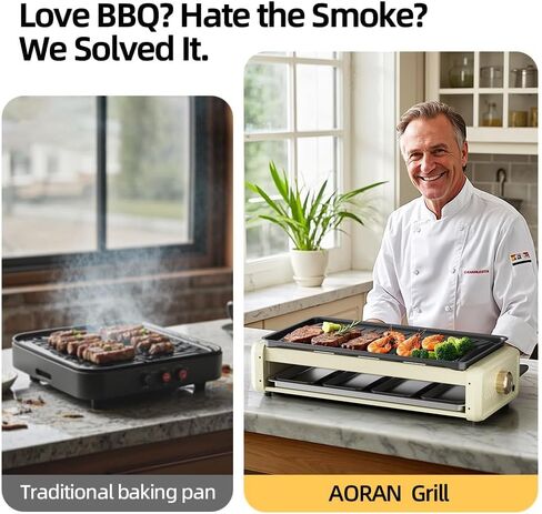 Aoran Electric Smokeless Grill, 1800W Nonstick Indoor Griddle Pan, Multifunctional Skillet for Frying, Baking, Stewing, Easy to Clean, Adjustable Temperature, Family-Sized 19.6'' x 9'' Cooking Area in Saudi Arabia