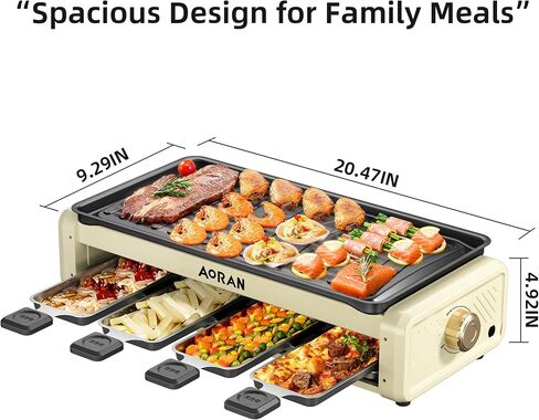 Aoran Electric Smokeless Grill, 1800W Nonstick Indoor Griddle Pan, Multifunctional Skillet for Frying, Baking, Stewing, Easy to Clean, Adjustable Temperature, Family-Sized 19.6'' x 9'' Cooking Area in Saudi Arabia