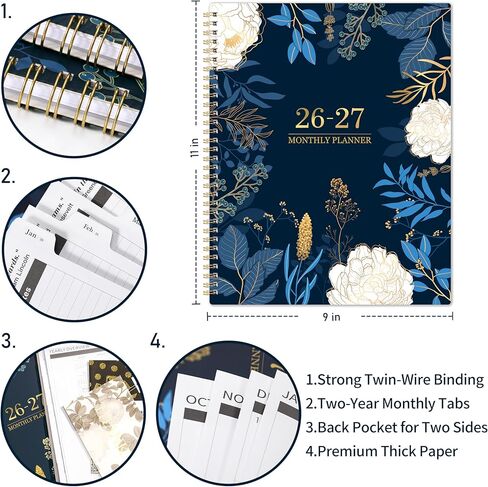 2025-2027 Monthly Planner - 2 Year Monthly Planner/Calendar 2025-2027, Academic Planner 2025-2027, Jul 2025 - Jun 2027, 11" x 9", 24 Months, Tabs, Back Pocket, Holidays, Twin-Wire Binding, Note Pages in Kuwait