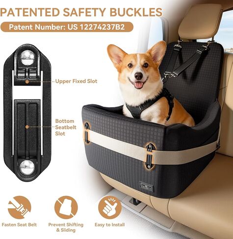 PETSFIT Dog Car Seat for Small/Medium Dogs Up to 35 lbs – Patented Safety System, 6" Memory Foam Pet Booster Car Seat, Fully Detachable and Washable Dog Carseat with 2 Storage Pockets (Black & Grey) in Saudi Arabia