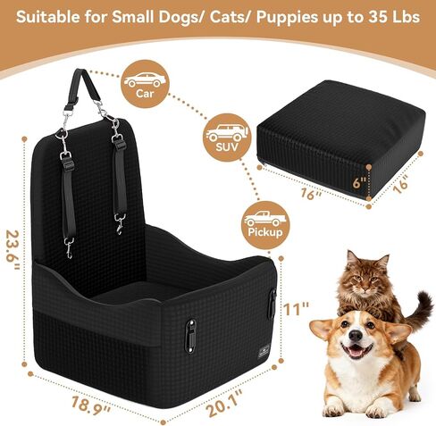 PETSFIT Dog Car Seat for Small/Medium Dogs Up to 35 lbs – Patented Safety System, 6" Memory Foam Pet Booster Car Seat, Fully Detachable and Washable Dog Carseat with 2 Storage Pockets (Black & Grey) in Saudi Arabia