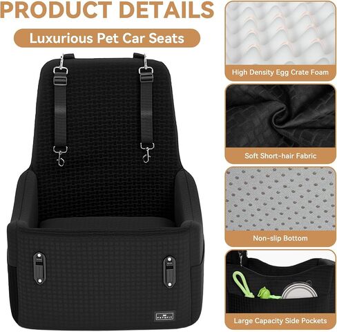PETSFIT Dog Car Seat for Small/Medium Dogs Up to 35 lbs – Patented Safety System, 6" Memory Foam Pet Booster Car Seat, Fully Detachable and Washable Dog Carseat with 2 Storage Pockets (Black & Grey) in Saudi Arabia