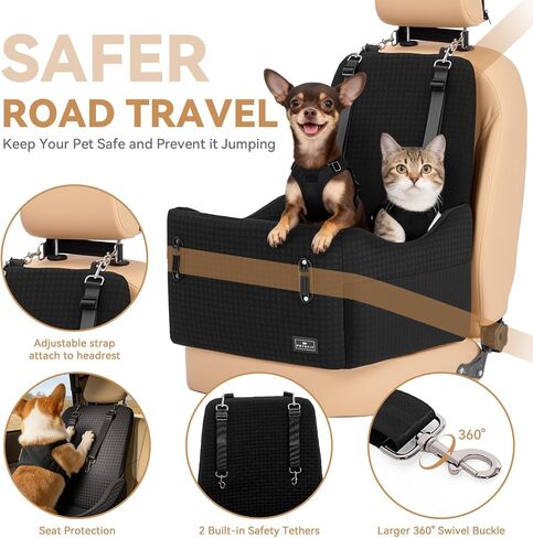PETSFIT Dog Car Seat for Small/Medium Dogs Up to 35 lbs – Patented Safety System, 6" Memory Foam Pet Booster Car Seat, Fully Detachable and Washable Dog Carseat with 2 Storage Pockets (Black & Grey) in Saudi Arabia